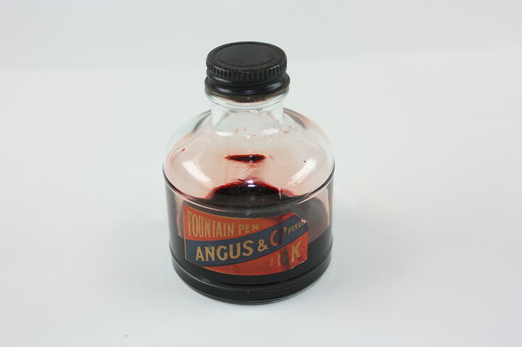 Ink Bottle - Angus & Co, Red Ink, Glass, Screw Top, circa 1900
