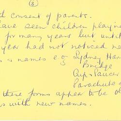 One of two handwritten game descriptions in blue ink on index card; text printed on both sides