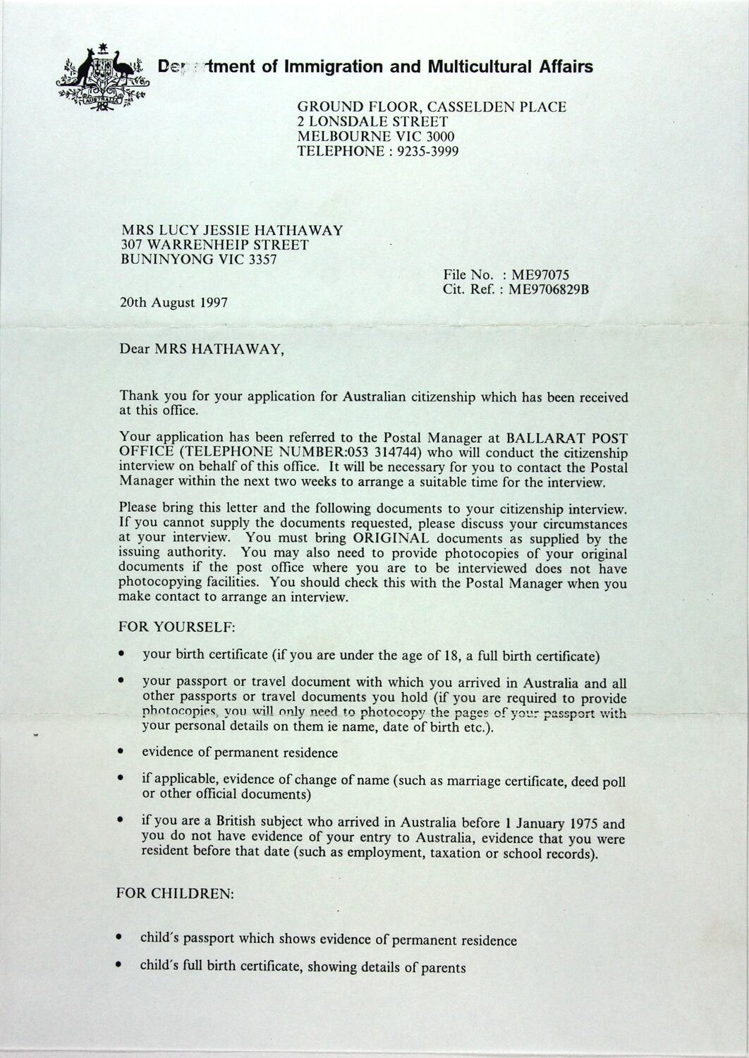 Letter Citizenship Application Lucy Hathaway Commonwealth Of 