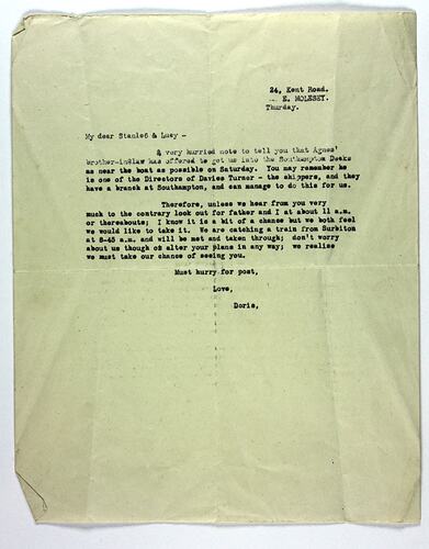 Letter - Stanley & Lucy Hathaway from Doris, England, Nov 1951