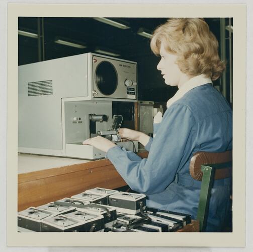 Worker Using Oscilloscope Shutter Speed Checking Device, Kodak Factory, Coburg, circa 1960s