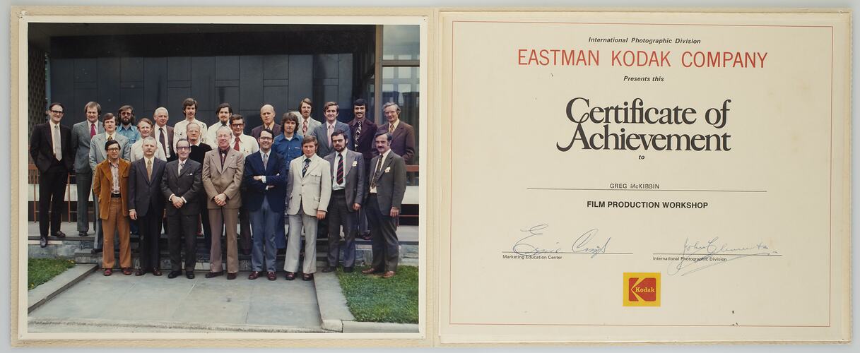 Folder - Eastman Kodak, Group Portrait & Certificate of Achievement, Film Production Workshop, 1979