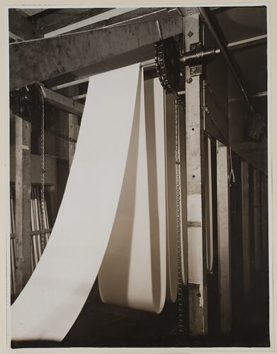 Loops of paper on rollers inside a machine.