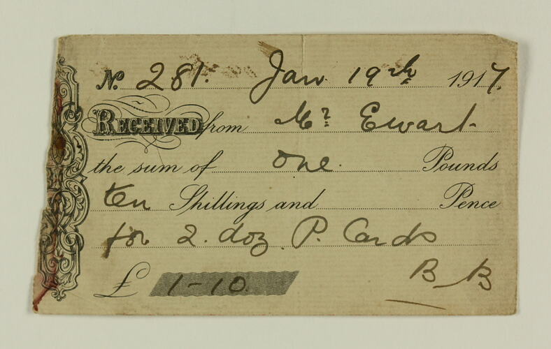Front of printed and hand-written receipt.