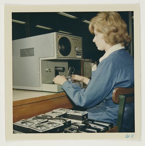 Slide 204, 'Extra Prints of Coburg Lecture', Worker Using Oscilloscope Shutter Speed Tester, Kodak Factory, Coburg, circa 1960s