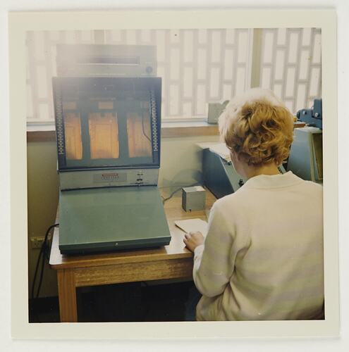 Slide 272, 'Extra Prints of Coburg Lecture', Worker Reviewing Mailing Addresses, Building 20, Kodak Factory, Coburg, circa 1960s