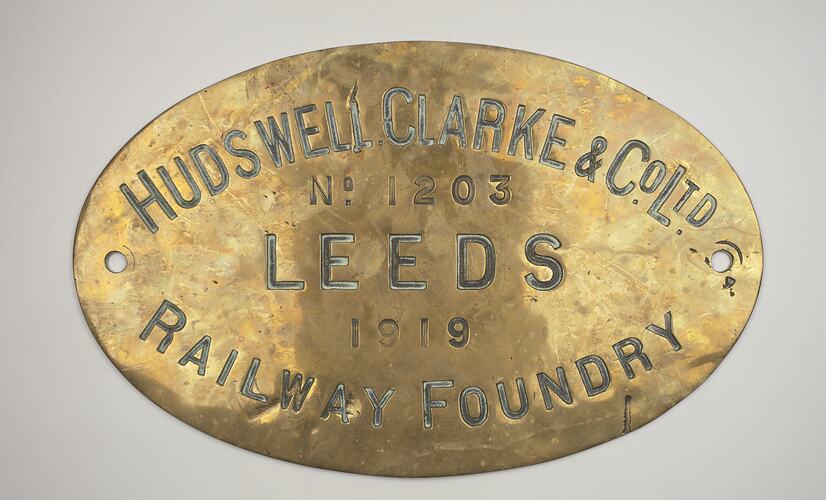 Locomotive Builders Plate - Hudswell, Clarke & Co., Leeds, England, 1919