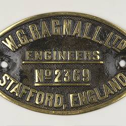 Locomotive Builders Plate - W & G Bagnall Ltd, Stafford, England