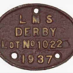Locomotive Builders Plate - London, Midland & Scottish Railway, Derby Works, England, 1937