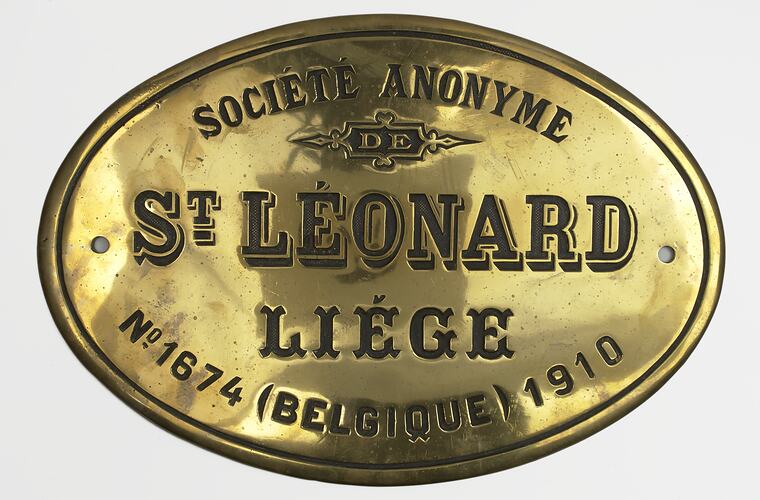 Locomotive Builders Plate - Societie Anonyme St Leonard, 1910