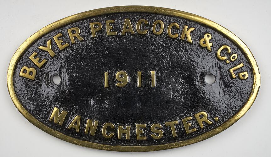 Locomotive Builders Plate - Beyer Peacock & Co. Ltd., Manchester, England, 1911