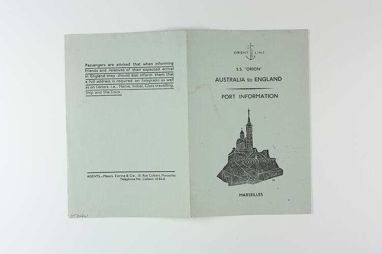 Booklet - 'Marseilles',  S.S. Orion, Orient Line, 29 Jan 1956