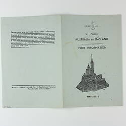 Booklet - 'Marseilles',  S.S. Orion, Orient Line, 29 Jan 1956