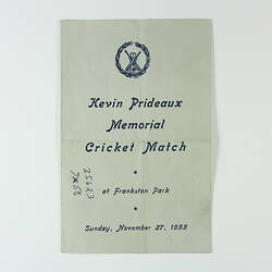 Programme - Kevin Prideaux Memorial Cricket Match, Frankston Park, 27 Nov 1955