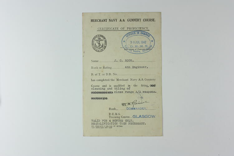 Certificate - Merchant Navy Gunnery Course, Glasgow, Scotland, 30 Jul 1942