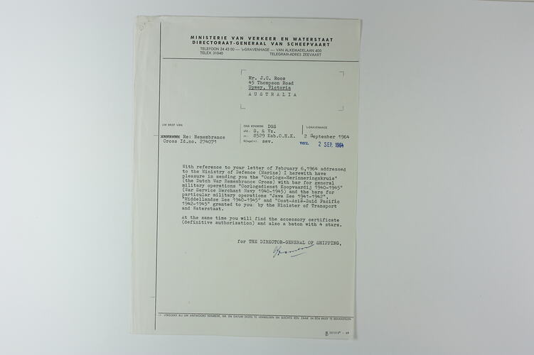 Letter - Director General Shipping to Jan Roos, Upwey, Victoria, 2 Sep 1964