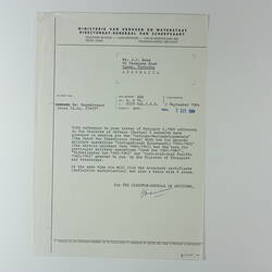 Letter - Director General Shipping to Jan Roos, Upwey, Victoria, 2 Sep 1964