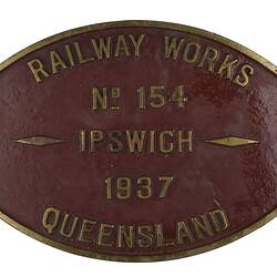 Locomotive Builders Plate - Queensland Government Railways, Ipswich, Queensland, 1937