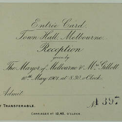 Entree Card - Evening Reception, Town Hall, Melbourne, 10 May 1901