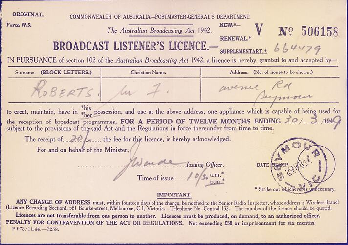 Broadcast Listener's Licence - Commonwealth of Australia, Postmaster General's Department, 29 Mar 1948