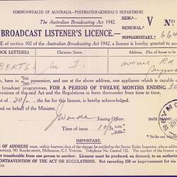 Broadcast Listener's Licence - Frederick & Amelia Roberts, Commonwealth of Australia, Postmaster General's Department, 29 Mar 1948