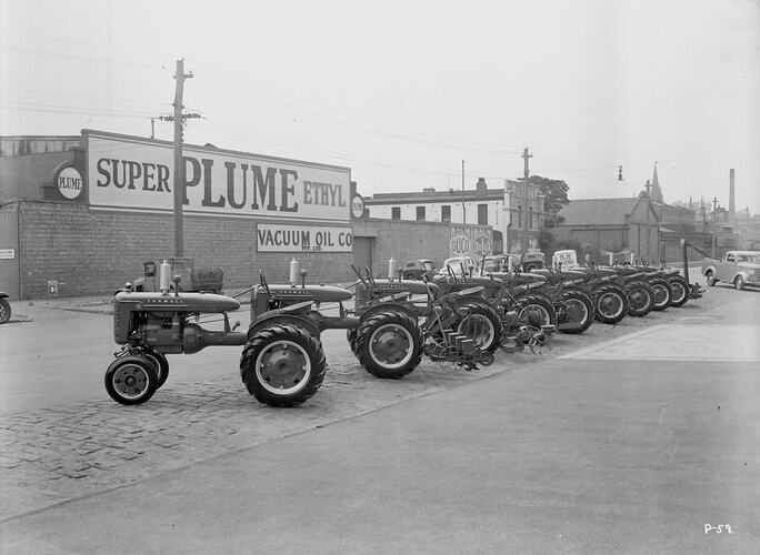 Line-up of Farmall A Tractors in Front of Harvester House, South Melbourne, Australia 1939