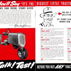 Open booklet, white pages with red and black printed text, cartoon figures and tractor.