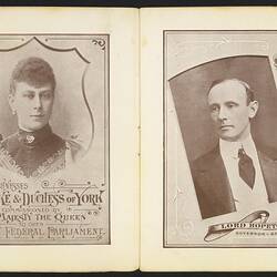 Open booklet, off-white pages. Framed decorative portrait of man and woman on left page and on right page.