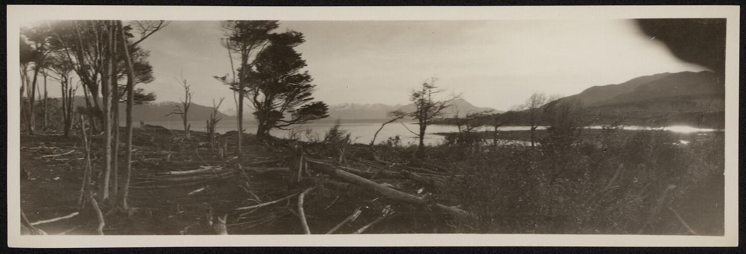 Entrance to Rio Douglas on Navarino Island - looking across the water to Ponsonby Sound and Hoste Island in June 1929.