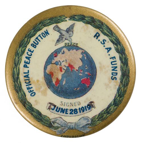 Badge - Official Peace Button, Returned Soldiers' Association Funds, Australia, 1919