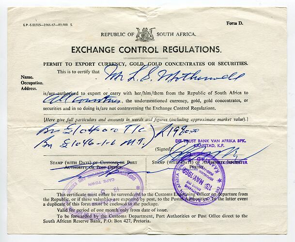 Permit - Currency Export, Lindsay Motherwell From Cape Town, 13 May 1969