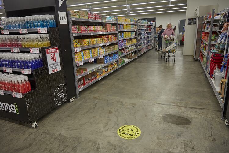 Social Distancing Floor Markers, Aisle 10, LaManna Supermarket, Essendon Fields, 11 June 2020