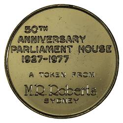NU 20578, Medal - 50th Anniversary of Parliament House, Canberra, M.R. Roberts Ltd, New South Wales, Australia, 1977