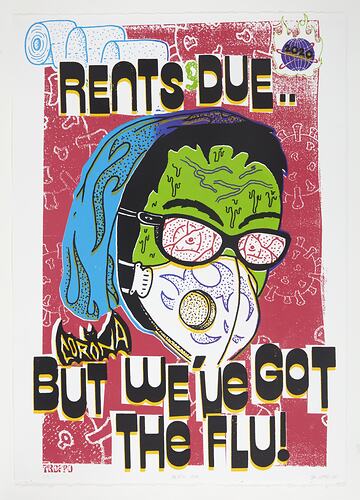 Colourful poster of head with green face, glasses and face mask. Text around, red background.