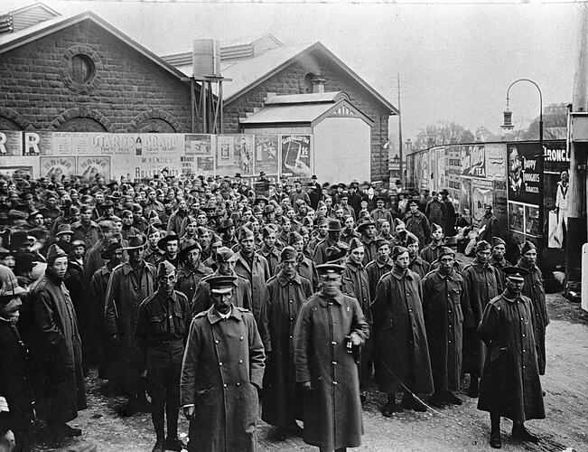[Troops gathered at Ballarat Railyard, pre 1920.]