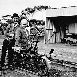 Negative - Mr Norway & Mrs Annie Gettings on Ganger's Trolley at Thurla Railway Station, Millewa District, Victoria, circa 1929