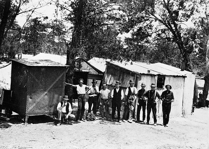 Railway construction workers with portable huts, Millewa district, 1924.