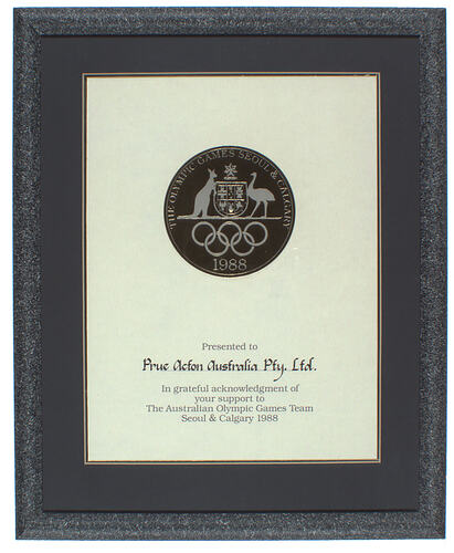 Framed Commemorative Award - Seoul and Calgary Olympic Games, 1988