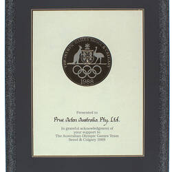 Certificate - Australian Olympic Games Team Seoul & Calgary, Prue Acton, Framed, 1988