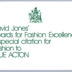 Plaque - Citation, David Jones Award for Fashion Excellence, Prue Acton, 1971