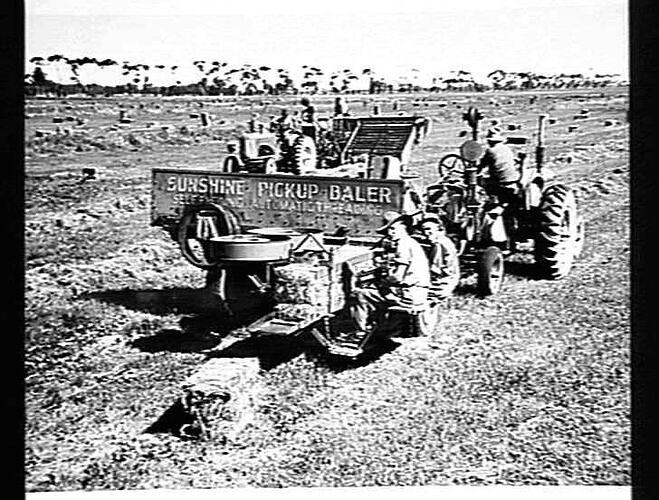 TWO SUNSHINE ENGINE-FUNCTIONED PICKUP BALERS, DRAWN BY SUNSHINE MASSEY HARRIS TRACTORS, BALING PERENNIAL RYE GRASS ON THE METROPOLITAN BOARD'S FARM AT WERRIBEE, VIC. FEBRUARY 1946.