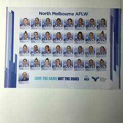 White poster featuring 24 portraits of female footballers. Male portrait at lower left. Blue printed text.