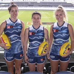 Digital Photograph - Jackie Parry, Mia Skinner & Julia Crockett-Grills, Geelong Football Club AFL Women's Team (AFLW), Geelong, 8 Sep 2022