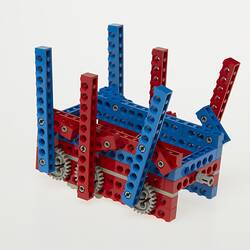 Upside down red, blue and grey LEGO robot with three legs either side.