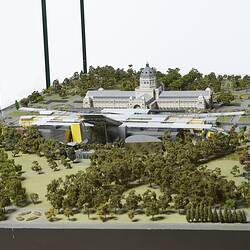 Model of Melbourne Museum, Royal Exhibition Building and Carlton Gardens. View from north.