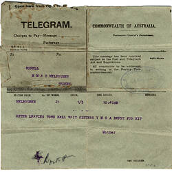 Telegram - To 'Bill' Stoker Sorell from Mother, HMAS Melbourne, Sydney, 8 May 1919