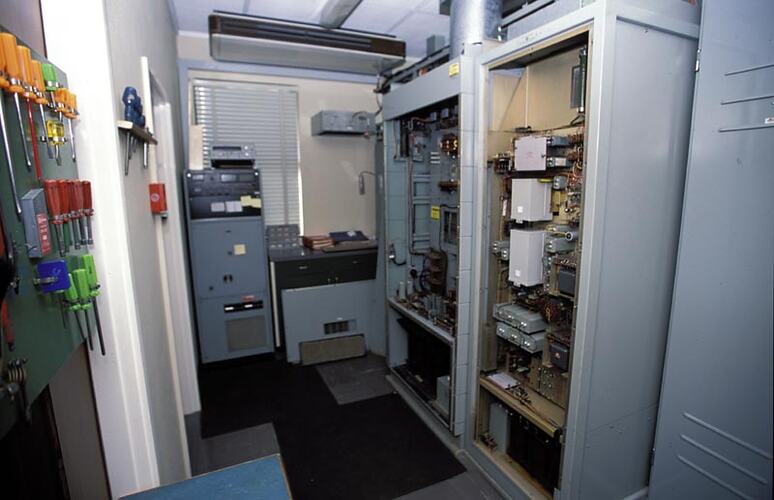 Rear of radio equipment cabinets. Melbourne Coastal Radio Station, Cape Schanck, Victoria