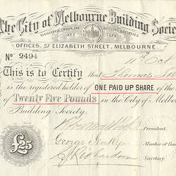 Scrip - City of Melbourne Building Society, Issued Victoria, Australia, 1886