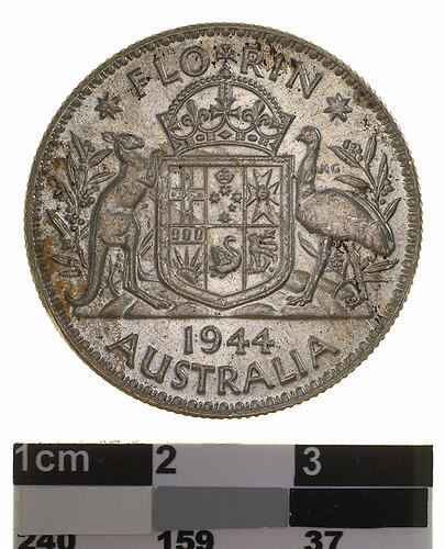 Coin - Florin (2 Shillings), Australia, 1944, photographed by Museums Victoria