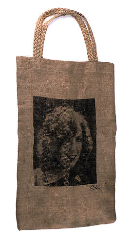 Hessian bag with picture of Prue Acton, front view.